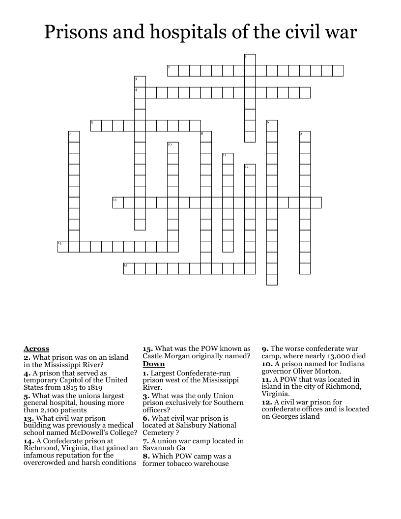 Prisons and hospitals of the civil war  Crossword