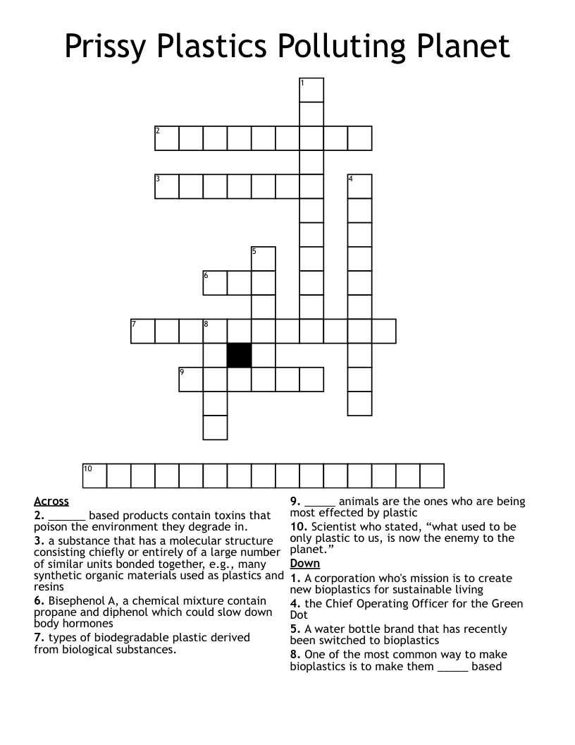 Prissy Plastics Polluting Planet  Crossword