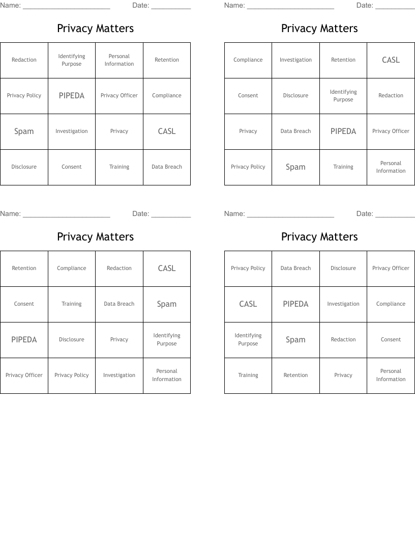 Privacy Matters Bingo Cards