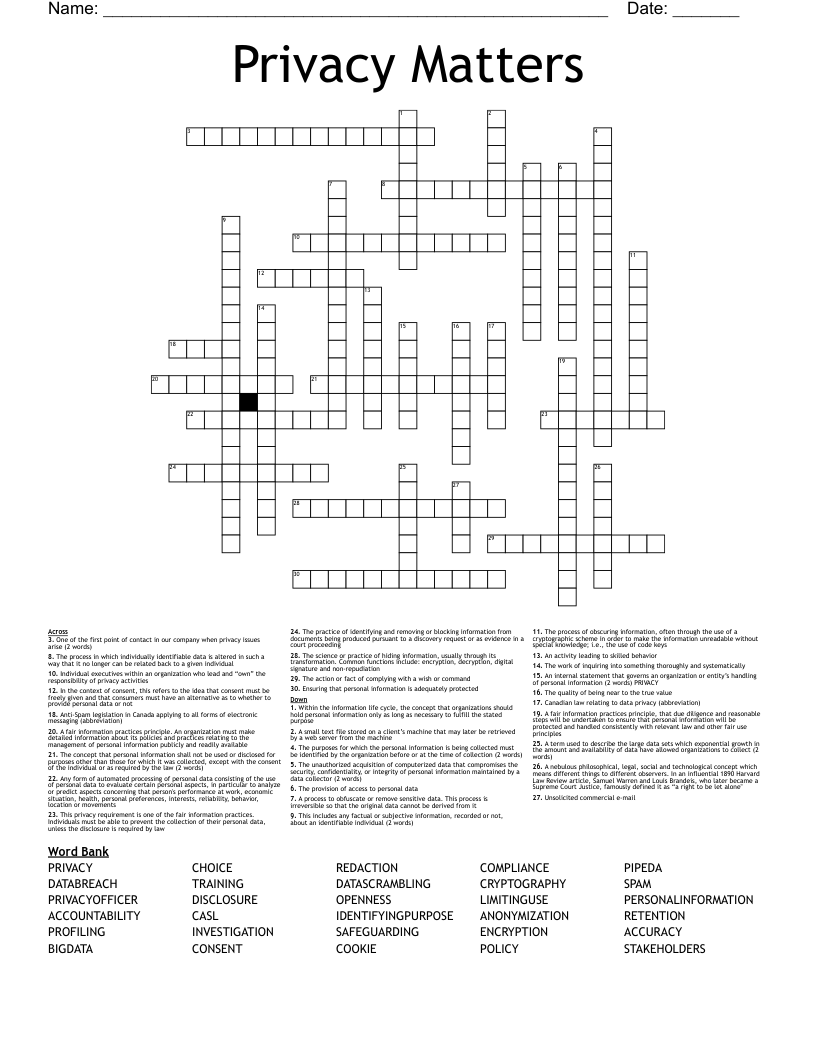 Privacy Matters Crossword