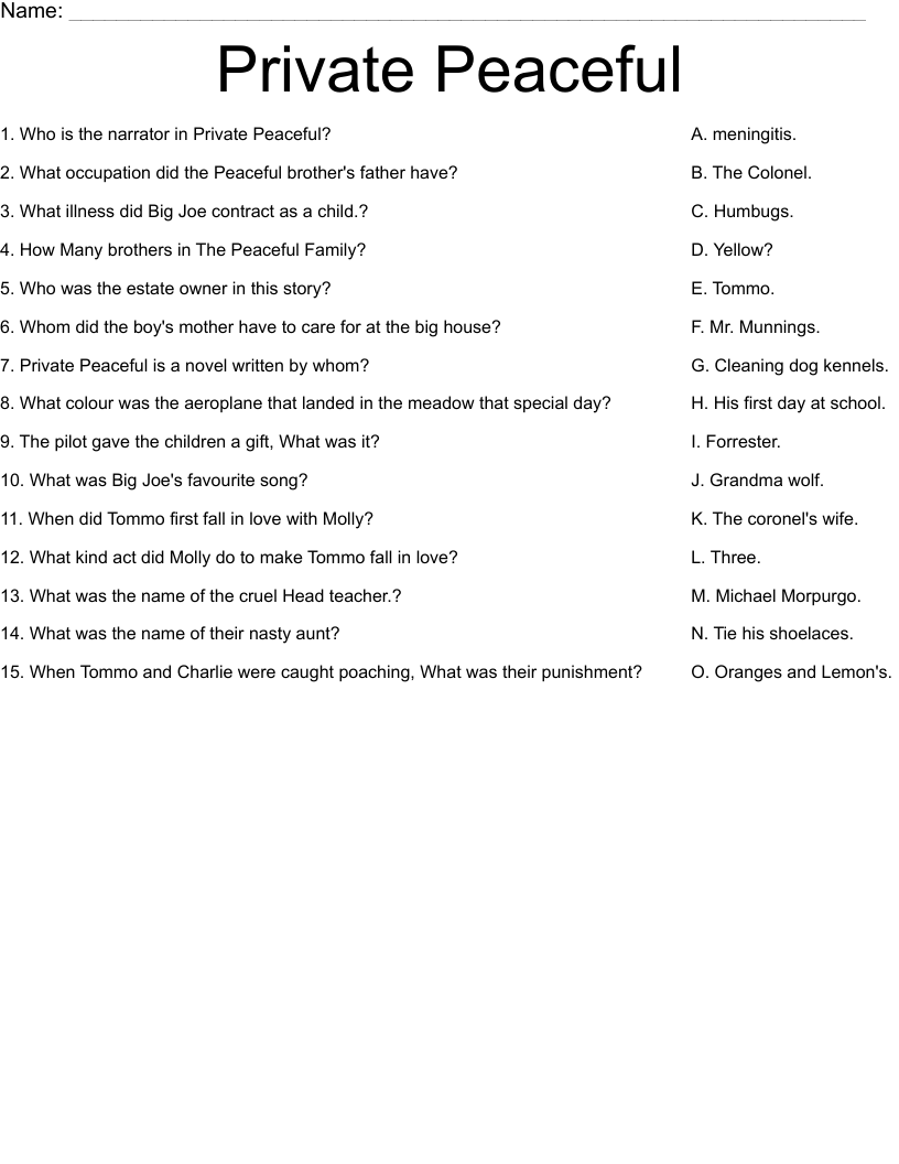 Private Peaceful Worksheet