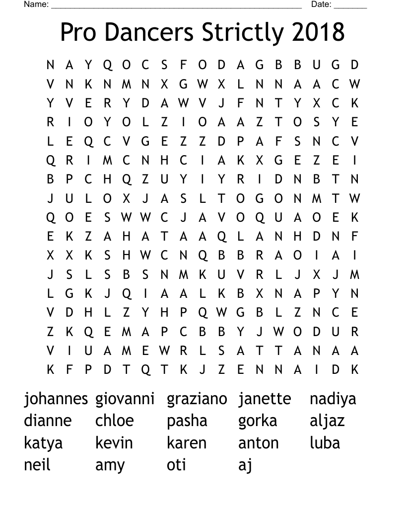 Pro Dancers Strictly 2018 Word Search