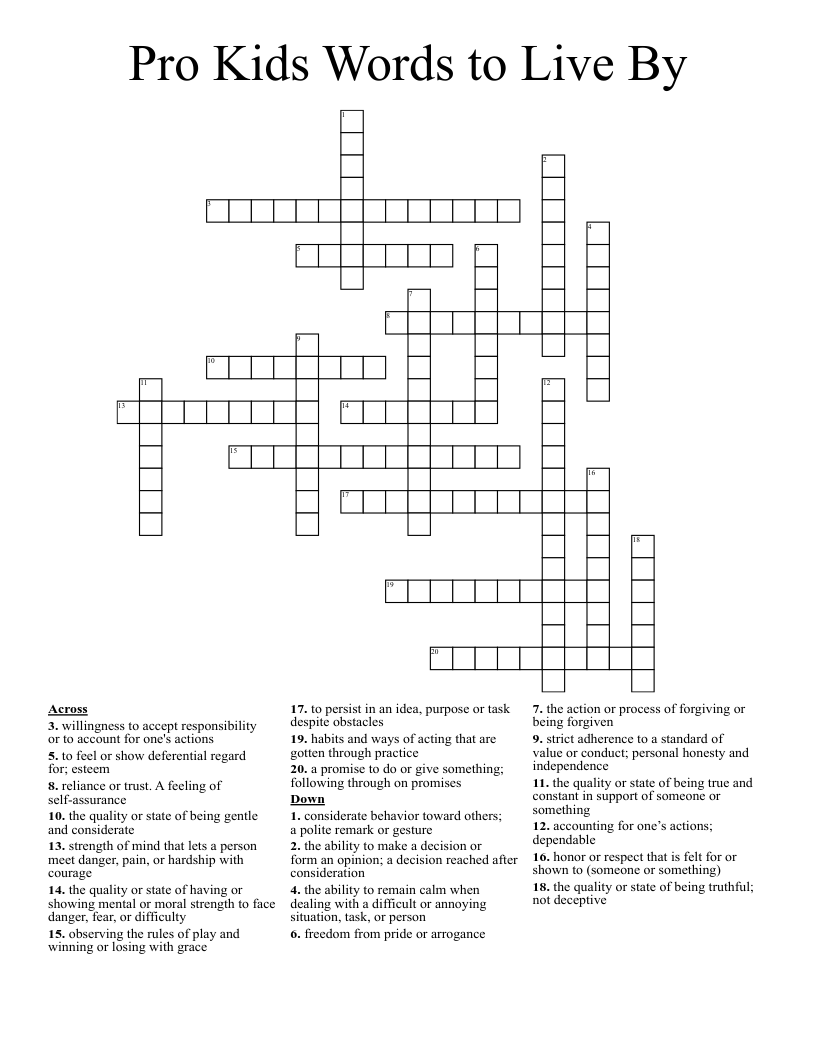 Pro Kids Words to Live By Crossword