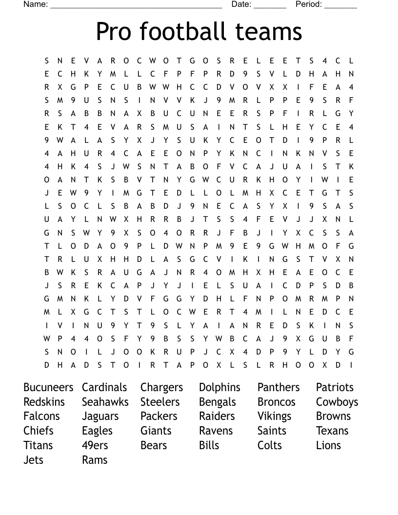 Pro football teams Word Search