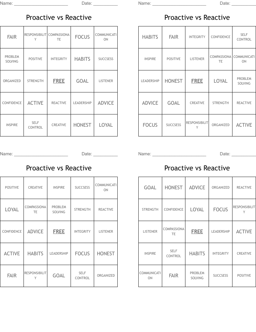 Proactive vs Reactive Bingo Cards