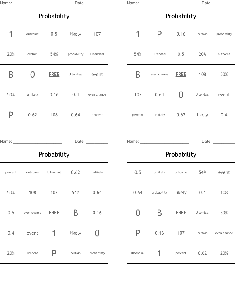 Probability Bingo Cards