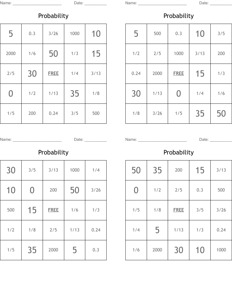 Probability Bingo Cards