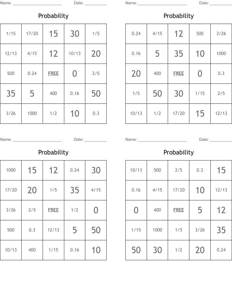 Probability Bingo Cards