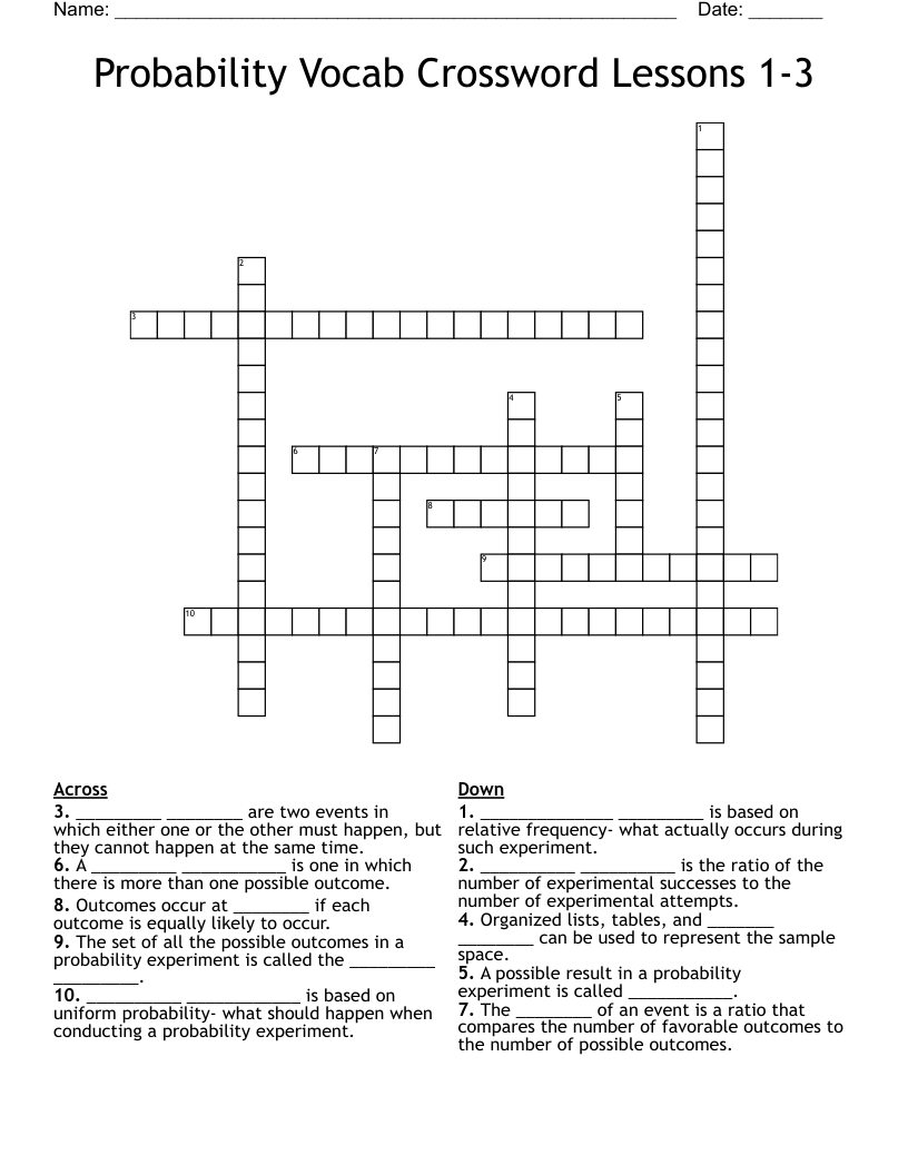 Probability Vocab Crossword Lessons 1-3