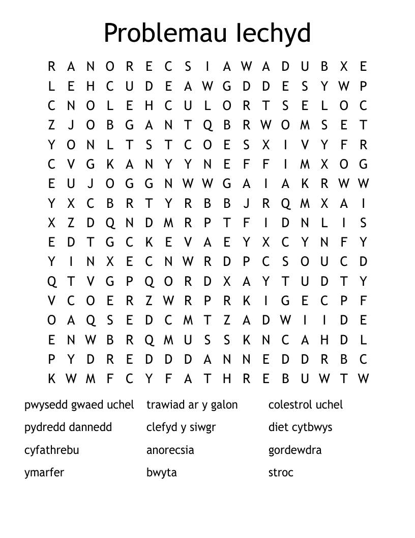 Problemau Iechyd Word Search