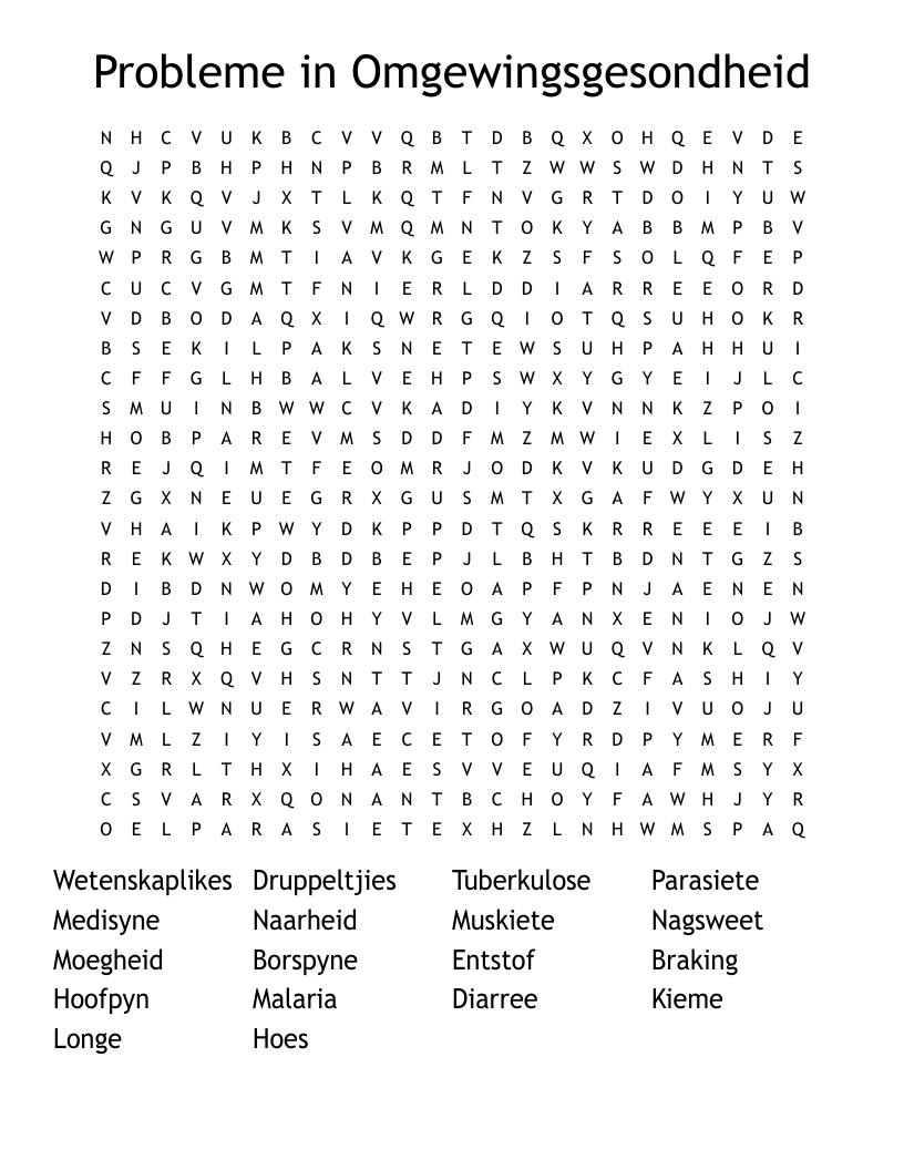 Probleme in Omgewingsgesondheid Word Search