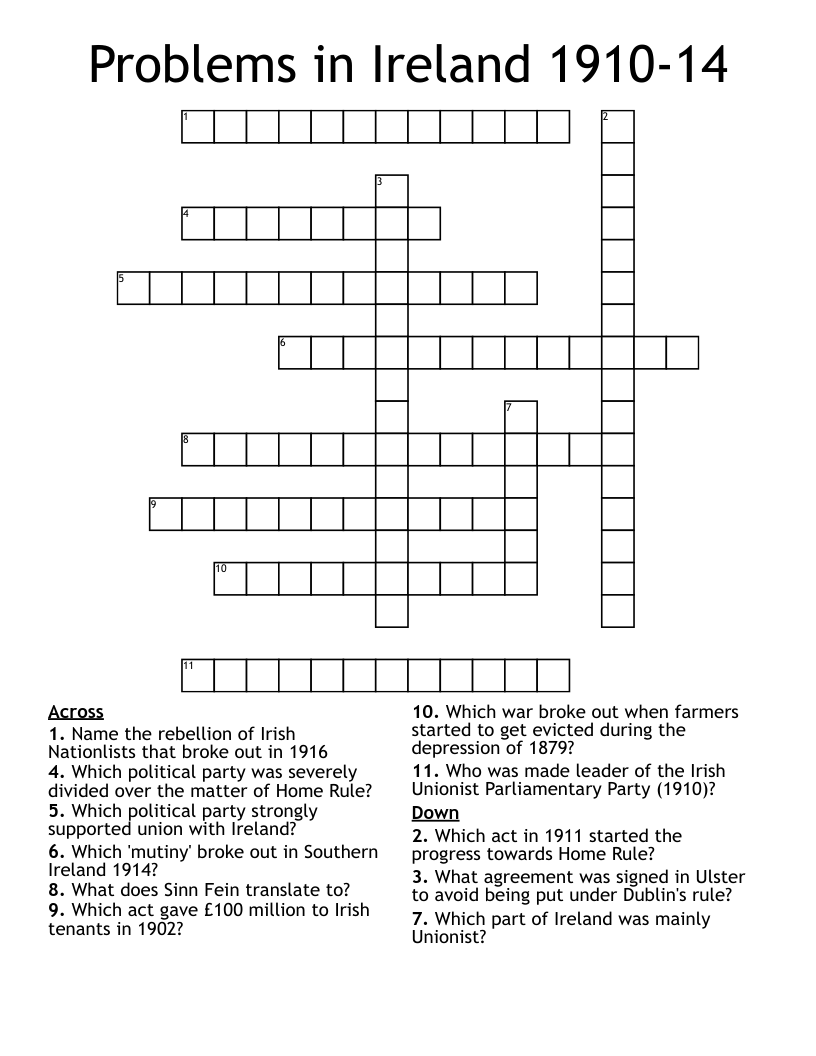 Problems in Ireland 1910-14 Crossword