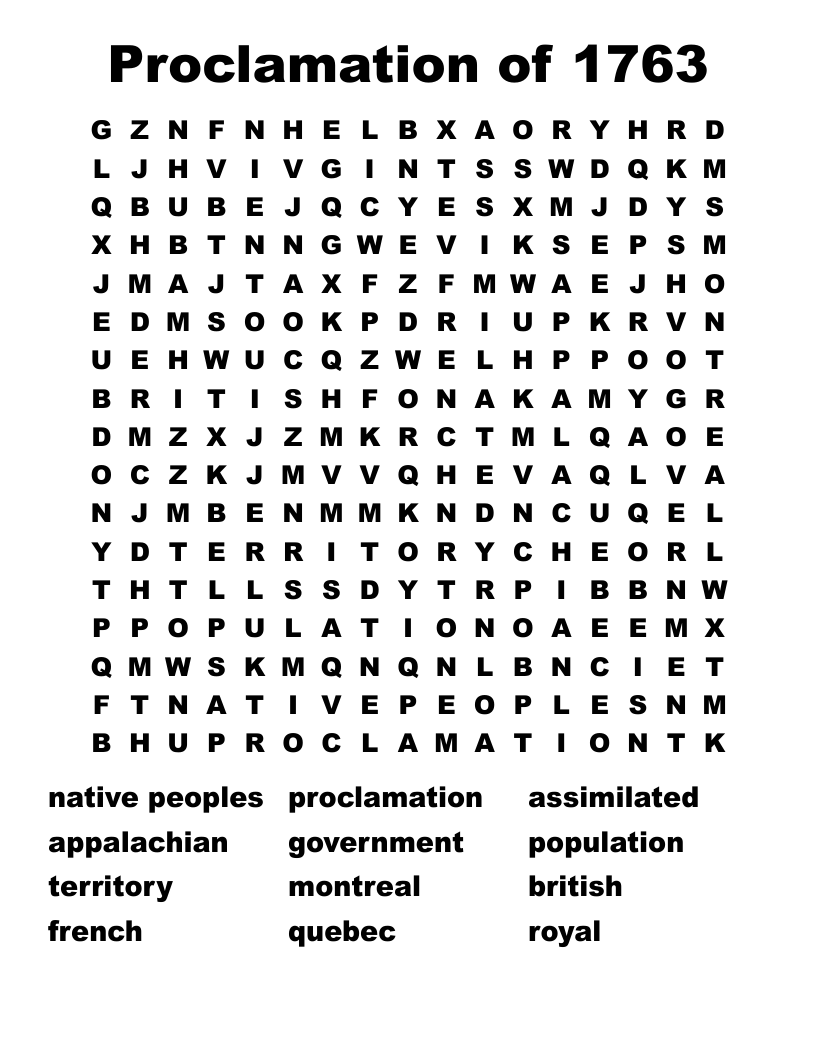 Proclamation of 1763 Word Search