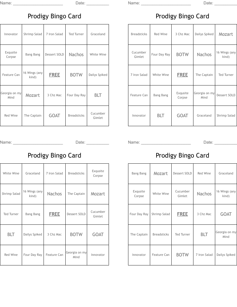 Prodigy Bingo Card