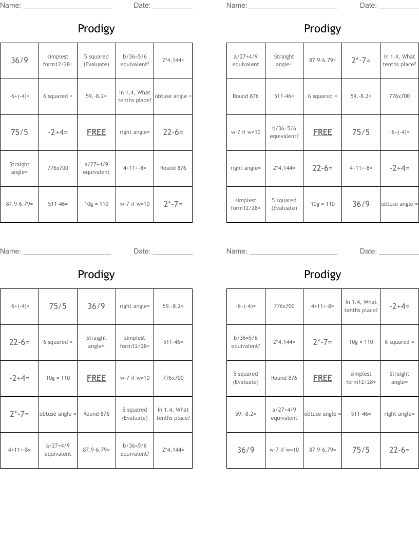 Prodigy  Bingo Cards
