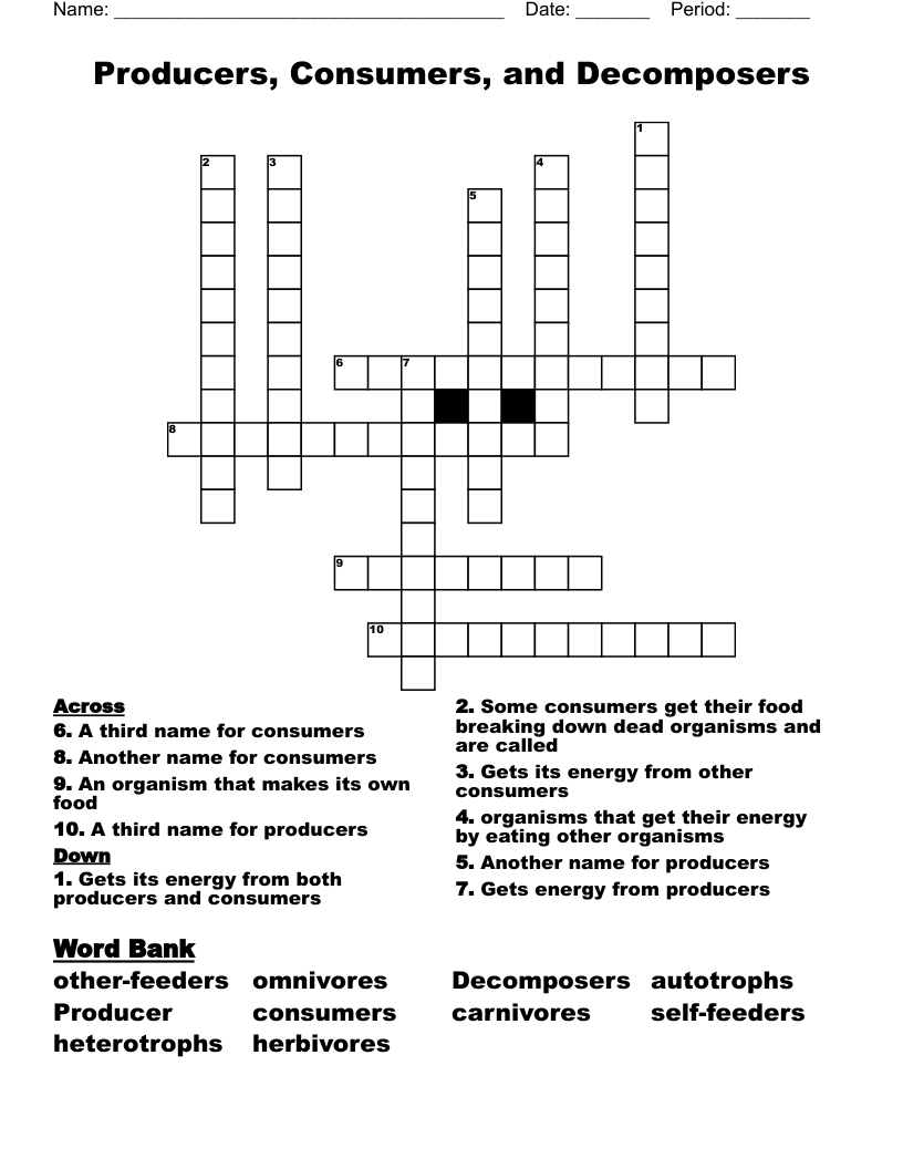Producers, Consumers, and Decomposers Crossword