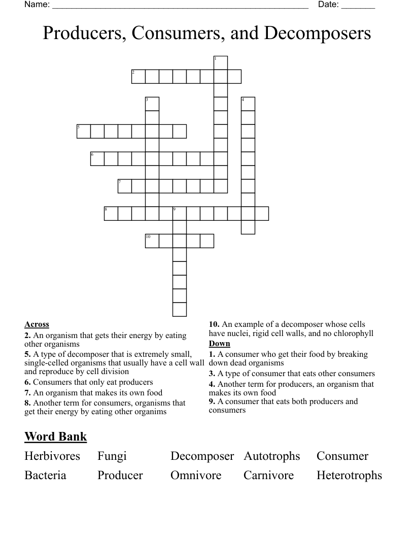 Producers, Consumers, and Decomposers Crossword