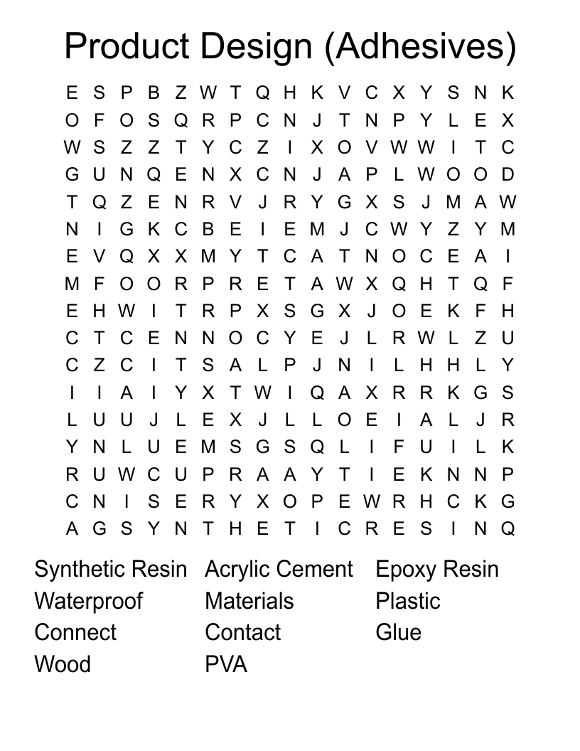 Product Design (Adhesives) Word Search