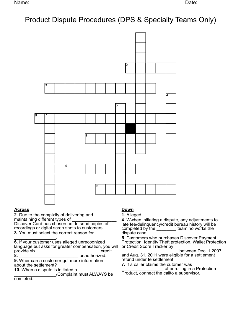 Product Dispute Procedures (DPS & Specialty Teams Only) Crossword
