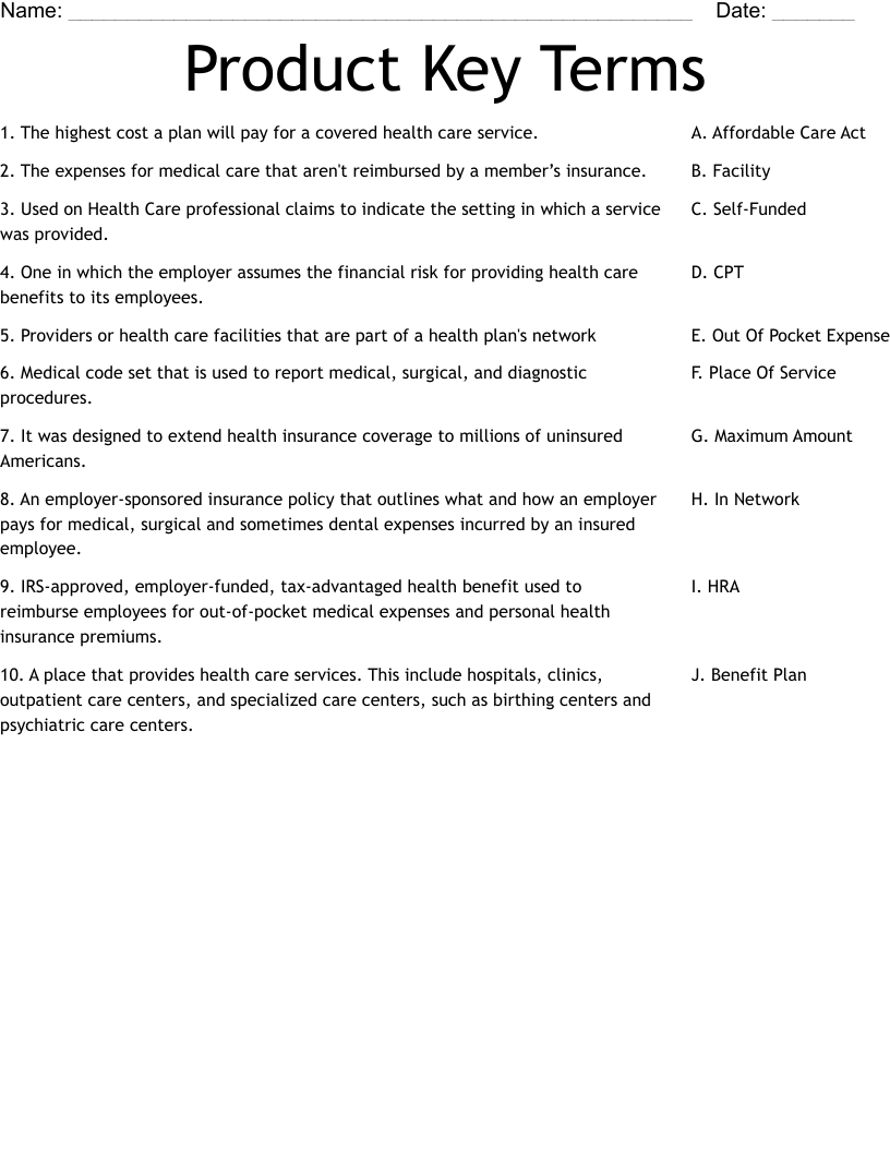Product Key Terms Worksheet