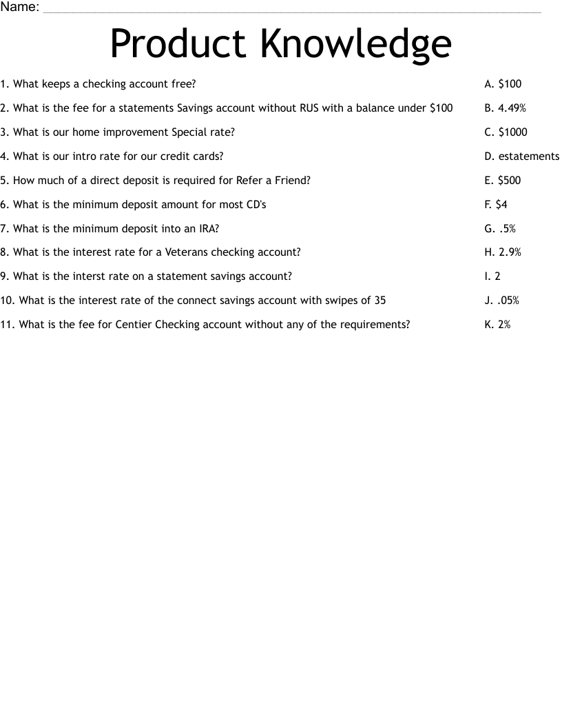 Product Knowledge Worksheet