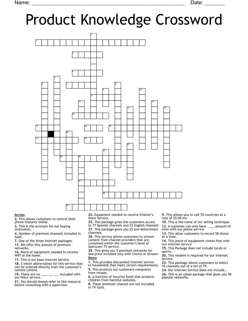 Product Knowledge Crossword