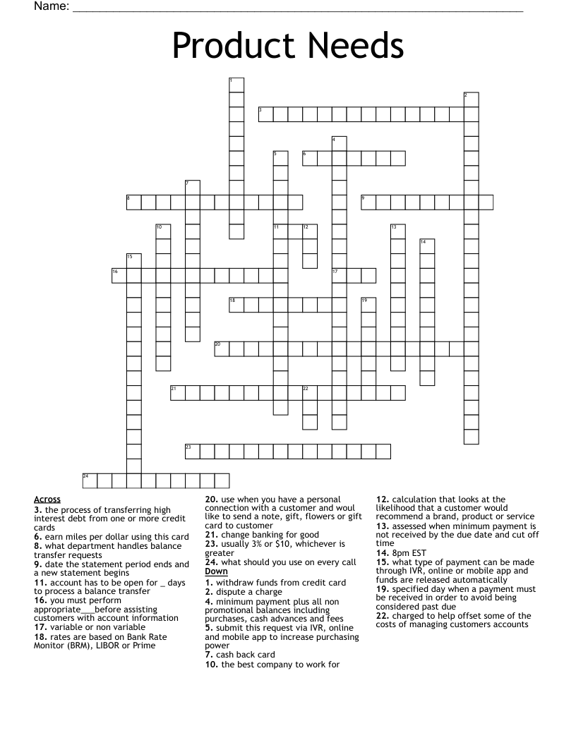 Product Needs Crossword
