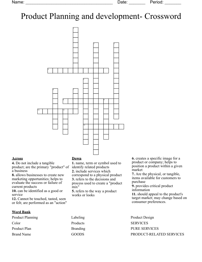 Product Planning and development- Crossword