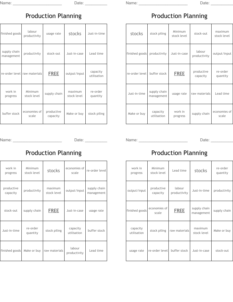 Production Planning Bingo Cards