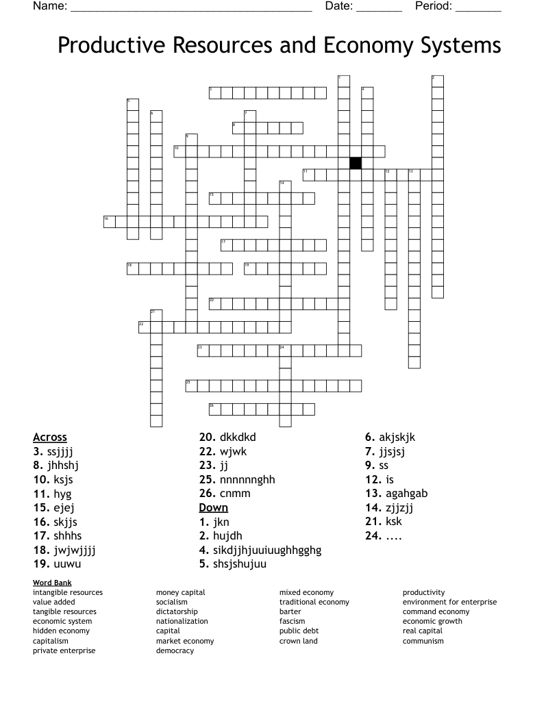 Productive Resources and Economy Systems Crossword