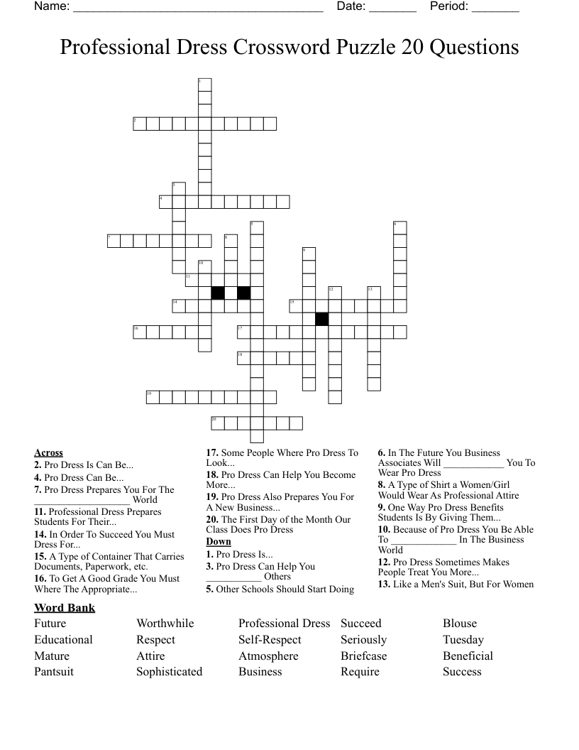 Professional Dress Crossword Puzzle 20 Questions