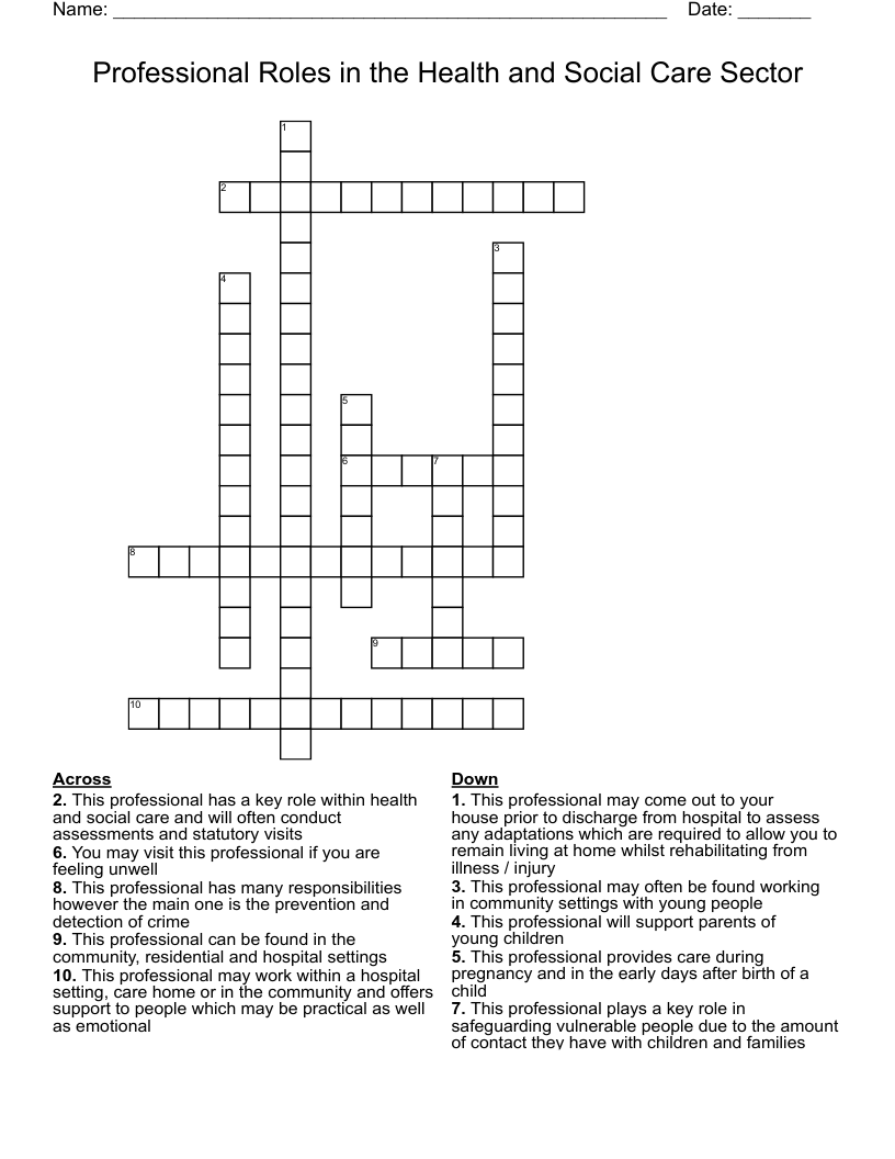 Professional Roles in the Health and Social Care Sector Crossword