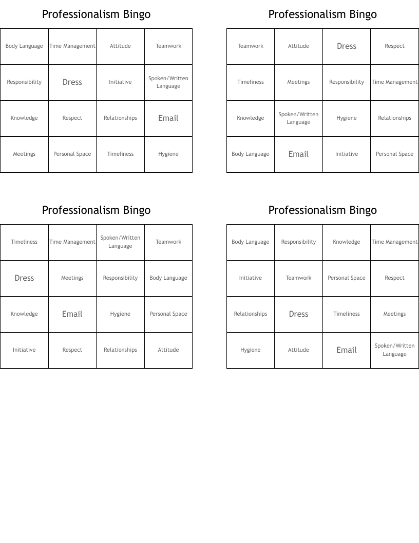 Professionalism Bingo