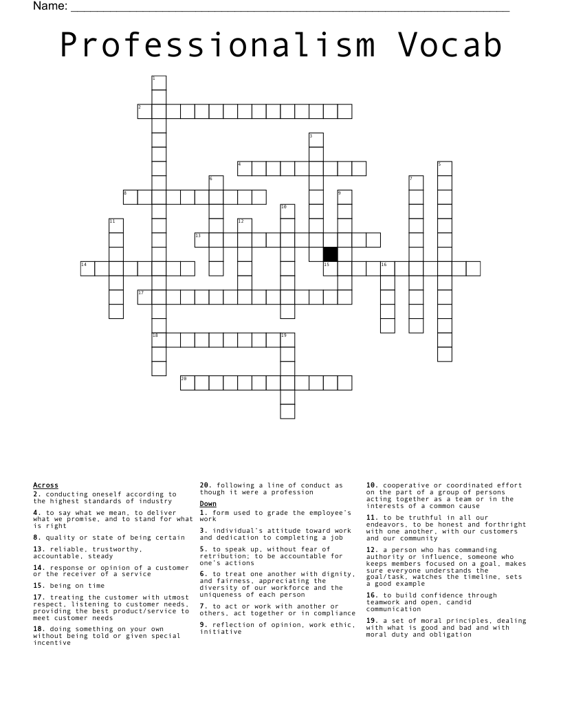 Professionalism Vocab Crossword