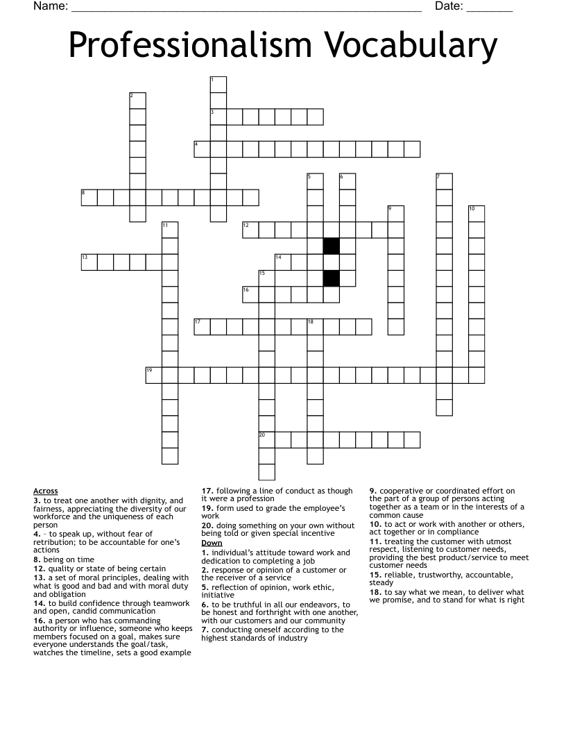 Professionalism Vocabulary  Crossword