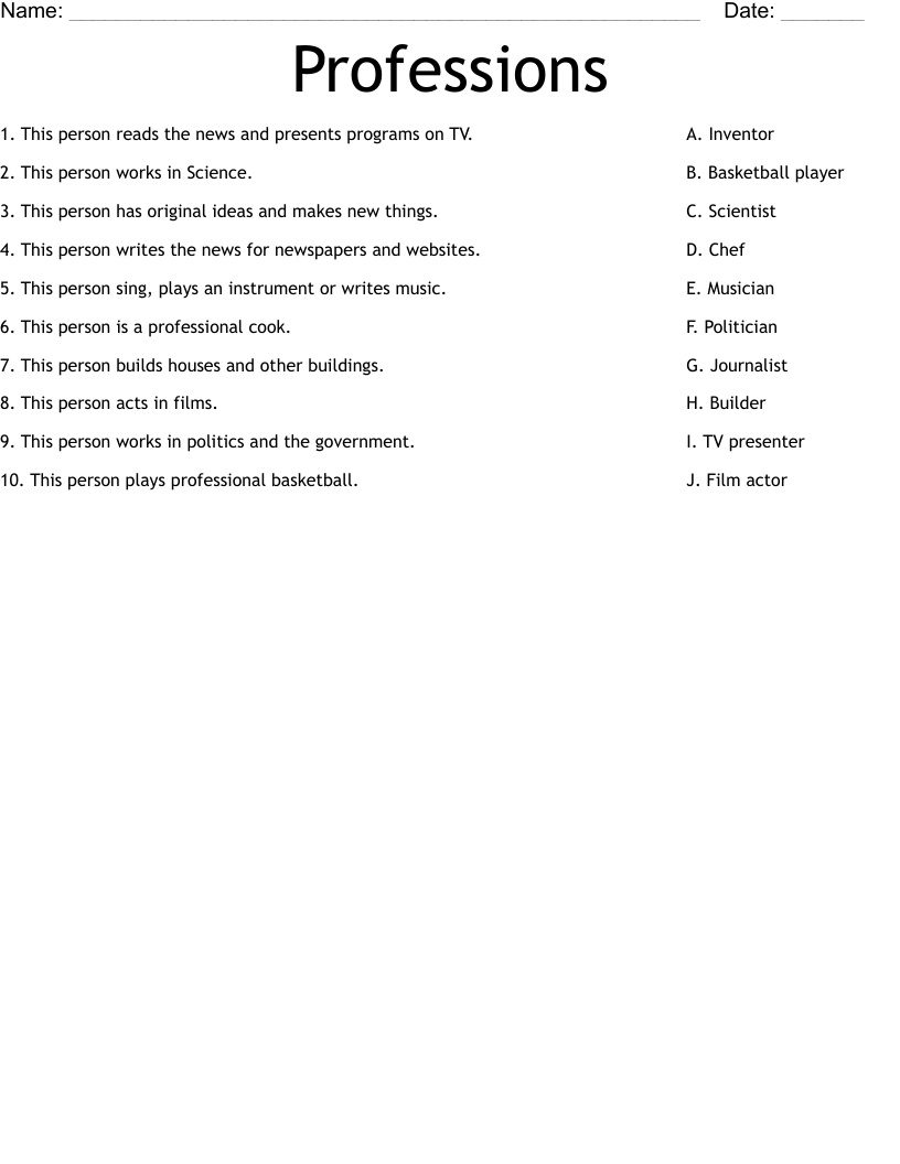 Professions Worksheet