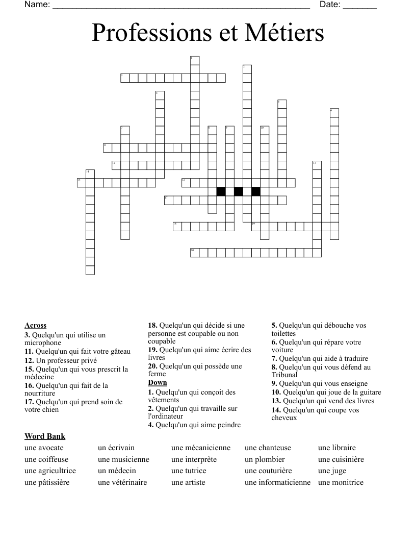 Professions et Métiers  Crossword