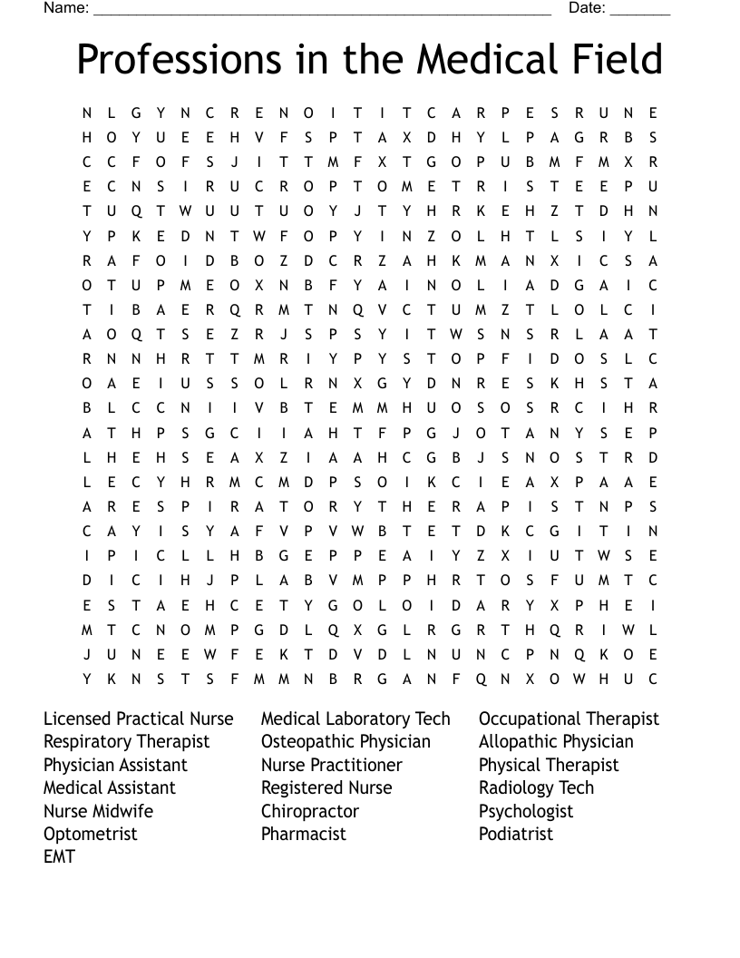 Professions in the Medical Field Word Search