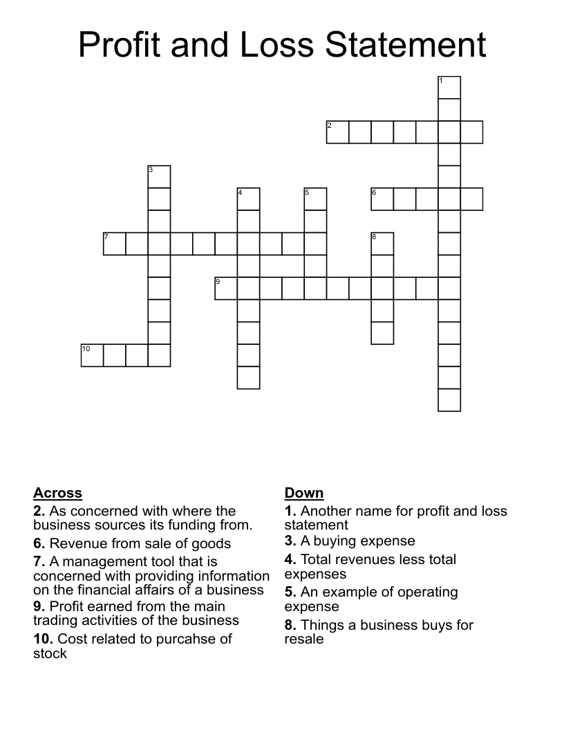 Profit and Loss Statement Crossword