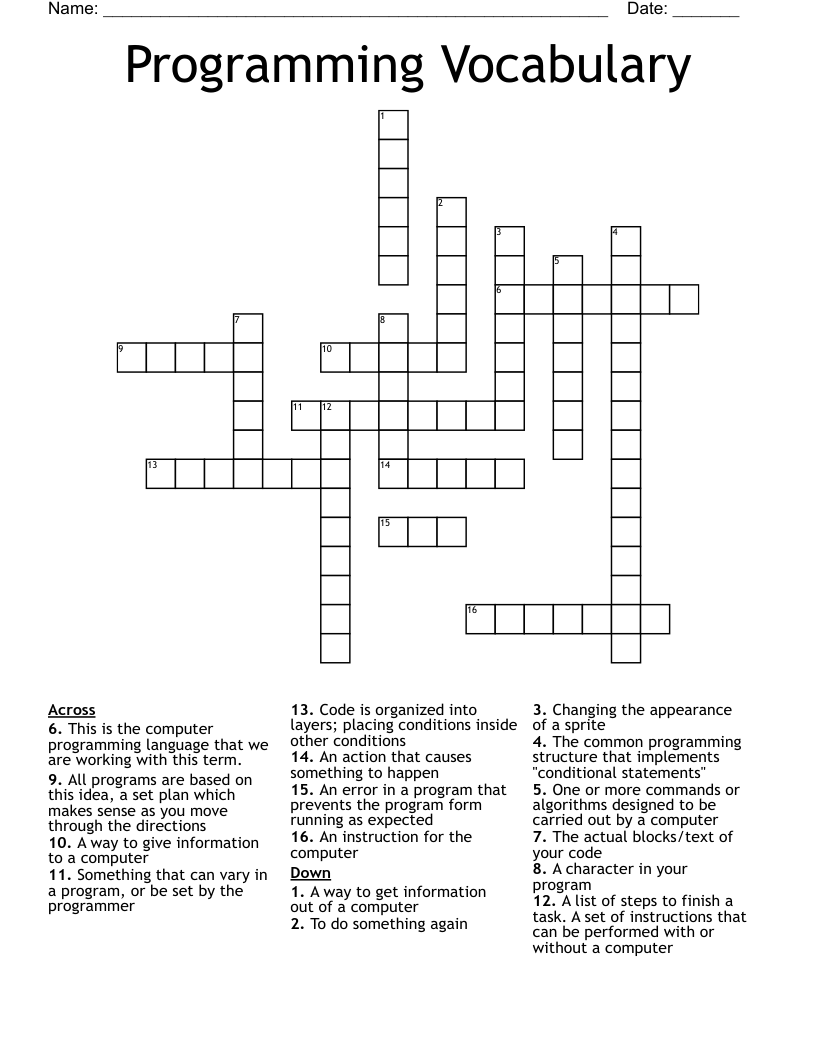 Programming Vocabulary Crossword