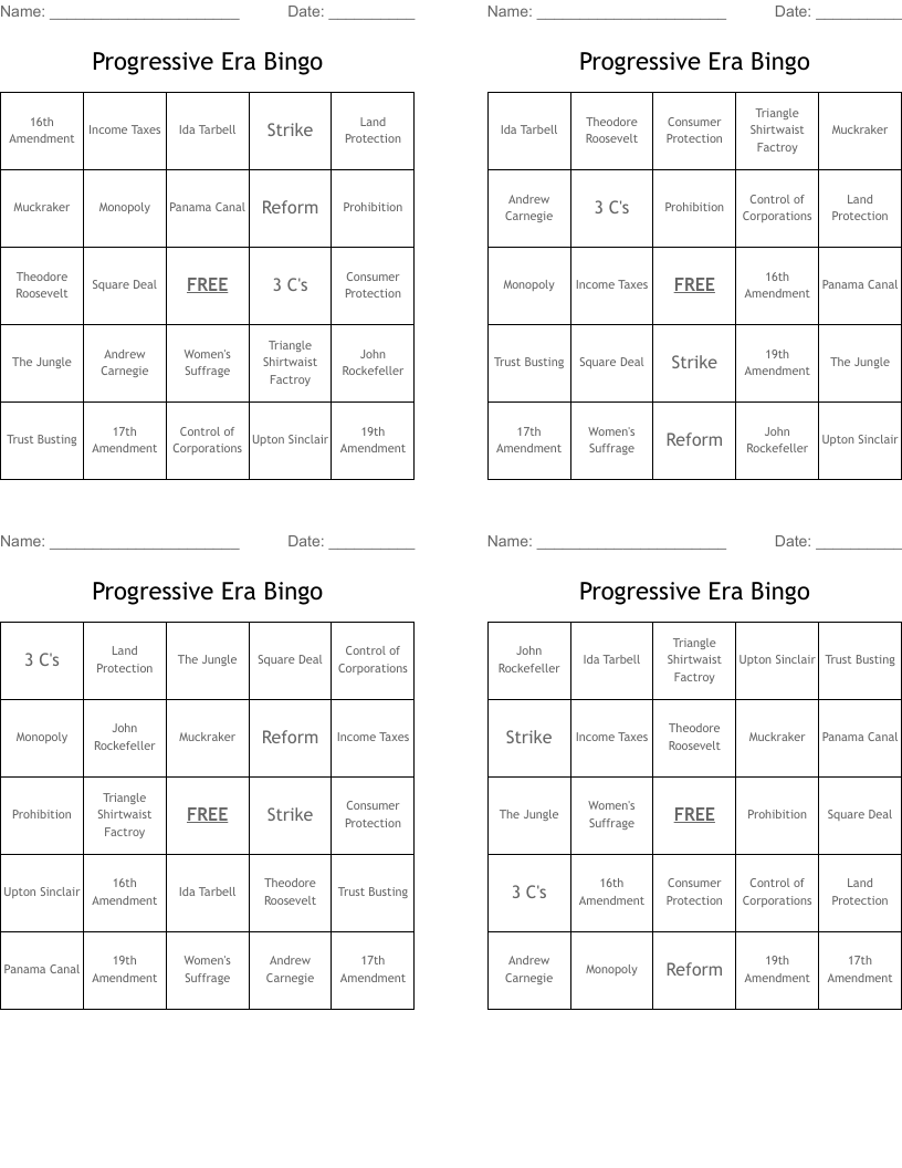 Progressive Era Bingo