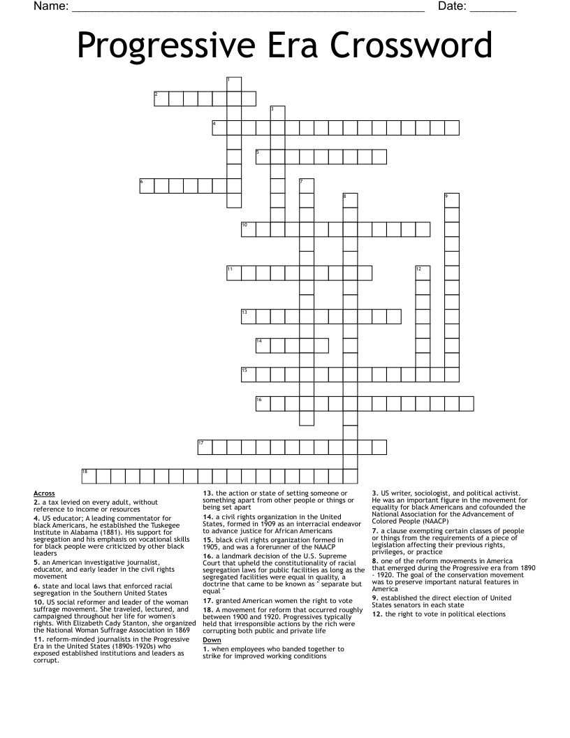 Progressive Era Crossword