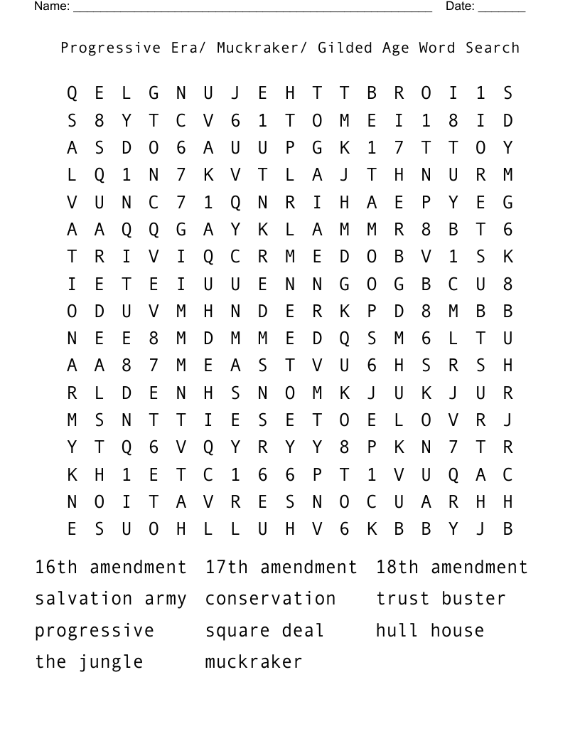 Progressive Era/ Muckraker/ Gilded Age Word Search