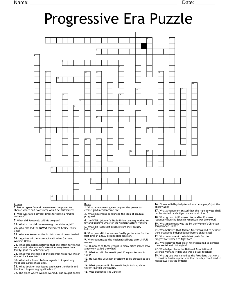 Progressive Era Puzzle Crossword