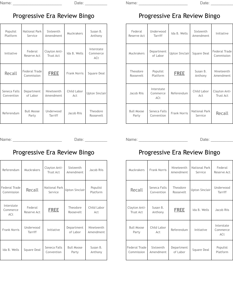 Progressive Era Review Bingo