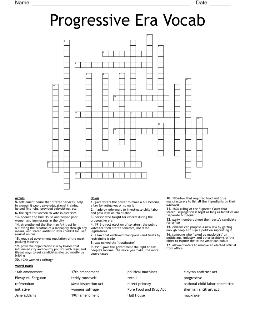 Progressive Era Vocab Crossword