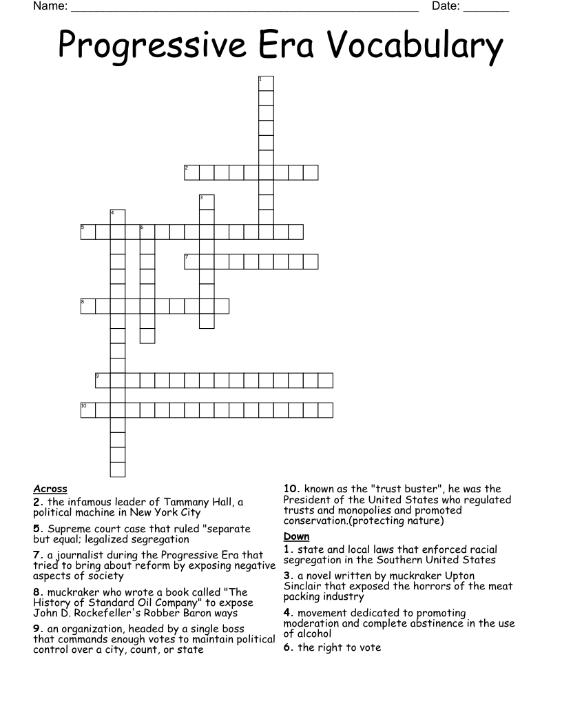 Progressive Era Vocabulary Crossword