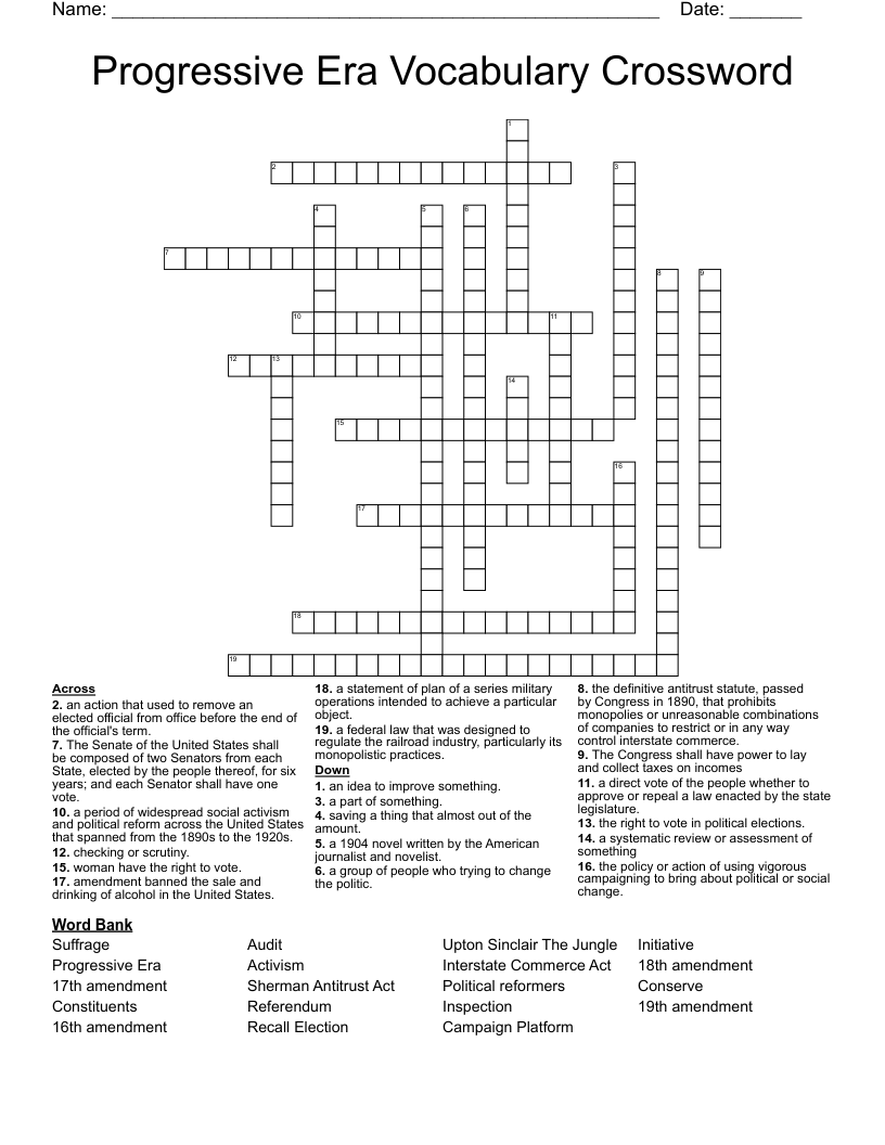 Progressive Era Vocabulary Crossword