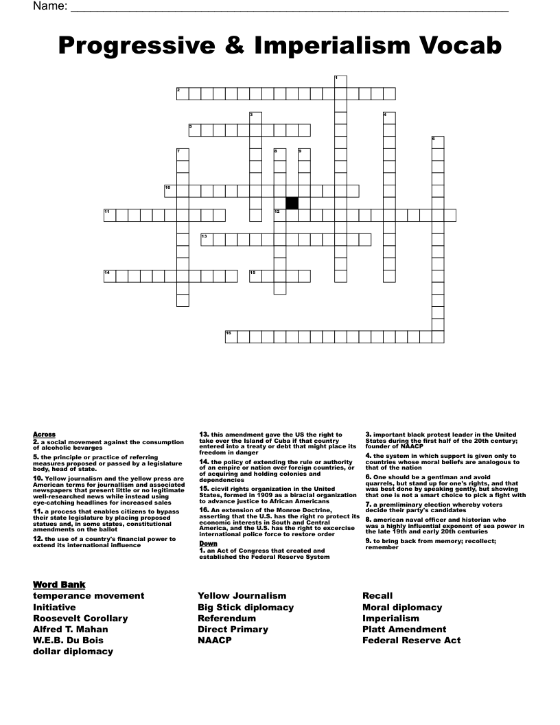 Progressive & Imperialism Vocab Crossword