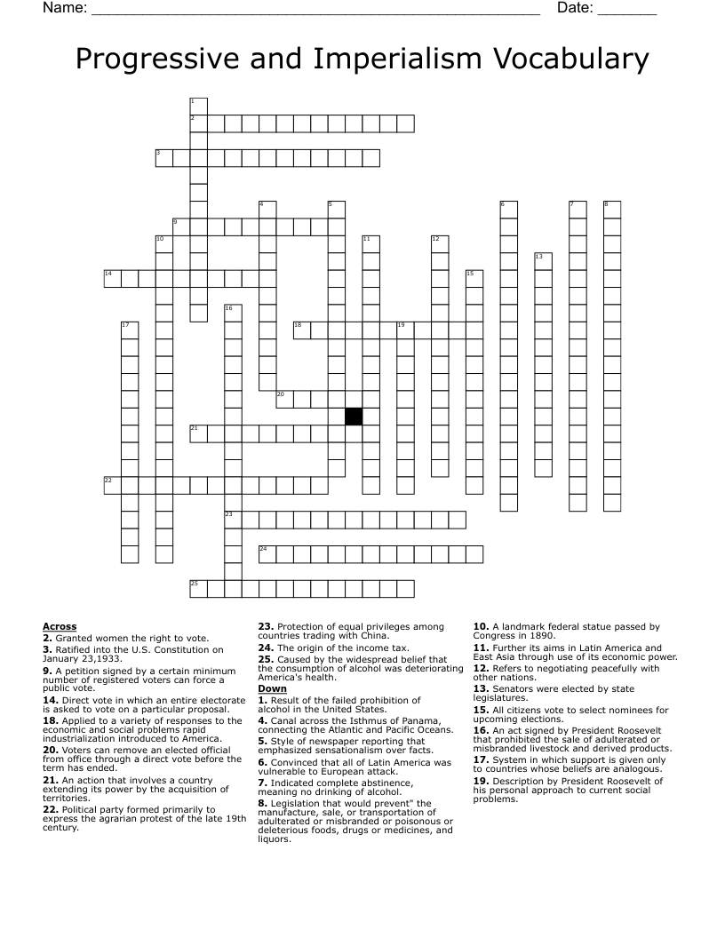 Progressive and Imperialism Vocabulary Crossword
